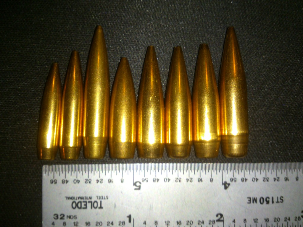 From left to right: G7L-224-80gr; G7L-243-105gr; G7L-284-180gr; Sierra MatchKing .308 cal 155gr HPBT Match #2155; Berger Bullets 30 cal 155gr Match Grade VLD Hunting (Lot# 2189); G7L-308-155gr; G7L-308-175gr; G7L-308-210gr